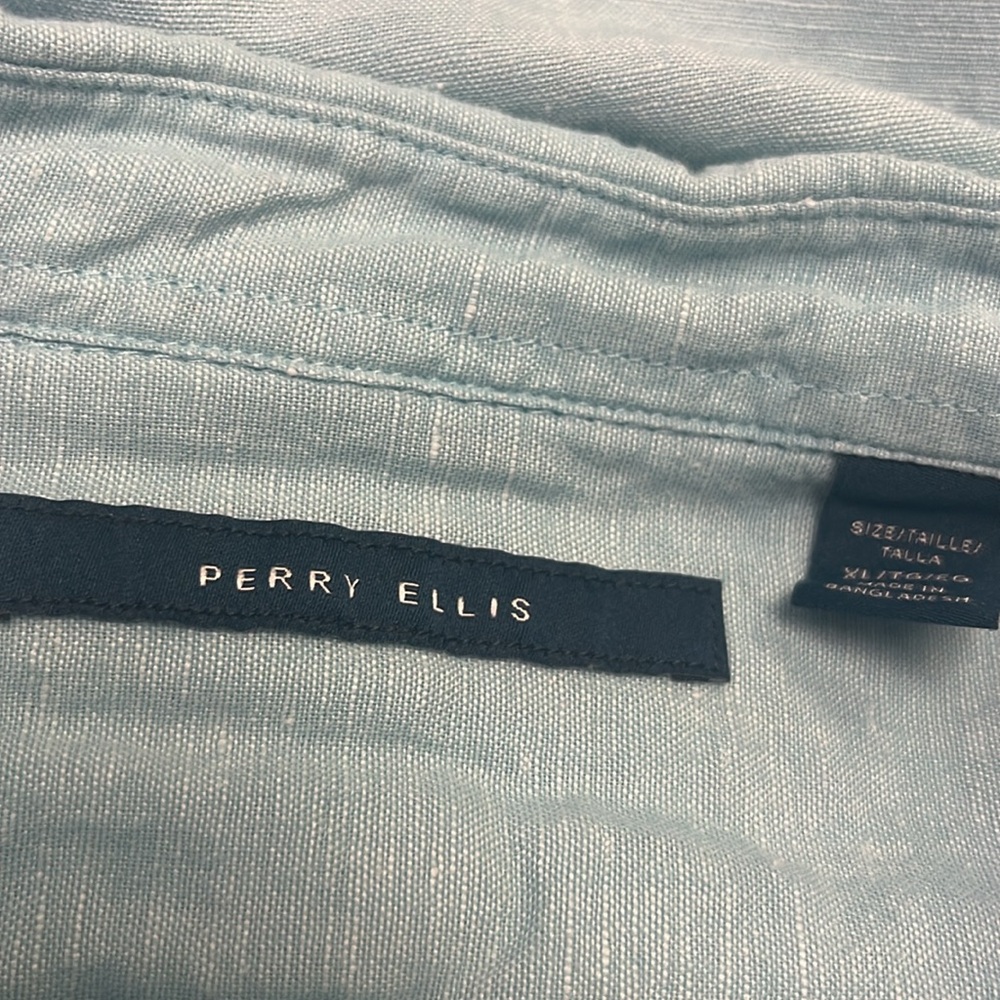 Perry Ellis Linen-Cotton Blend Button-Down Aqua Sea Blue Roll-Sleeve Shirt Sz XL - Picture 4 of 6